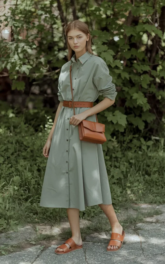 Style a midi shirt dress with a belt and sandals
