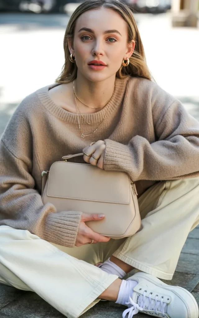 Style a monochrome beige outfit with sneakers