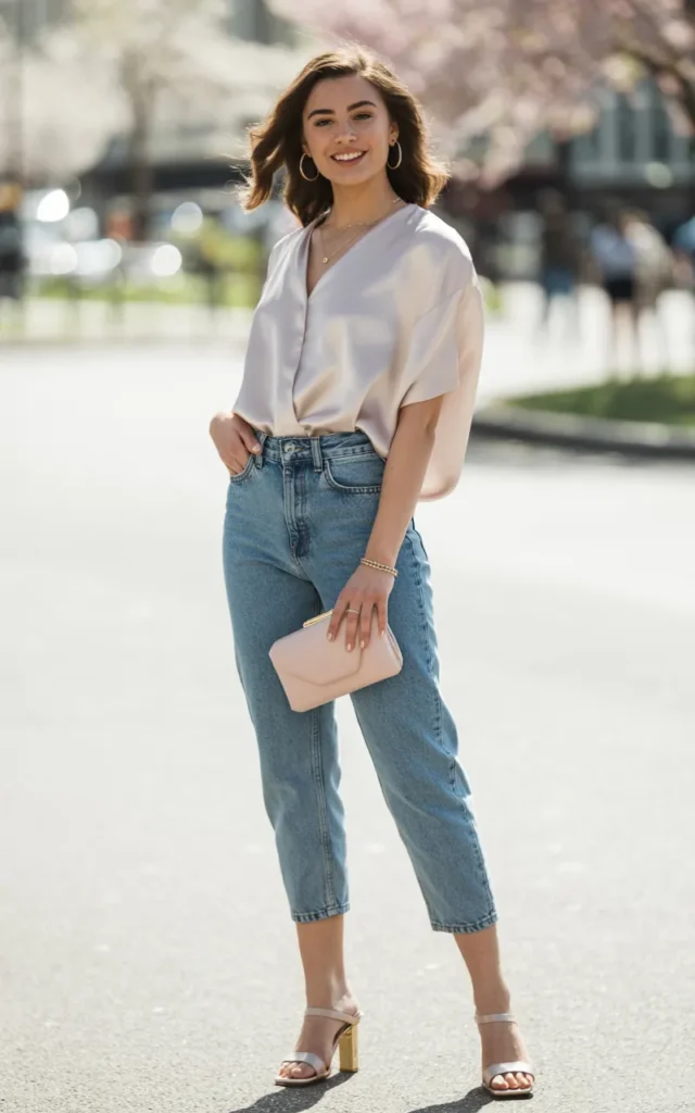 Style a satin blouse with cropped jeans