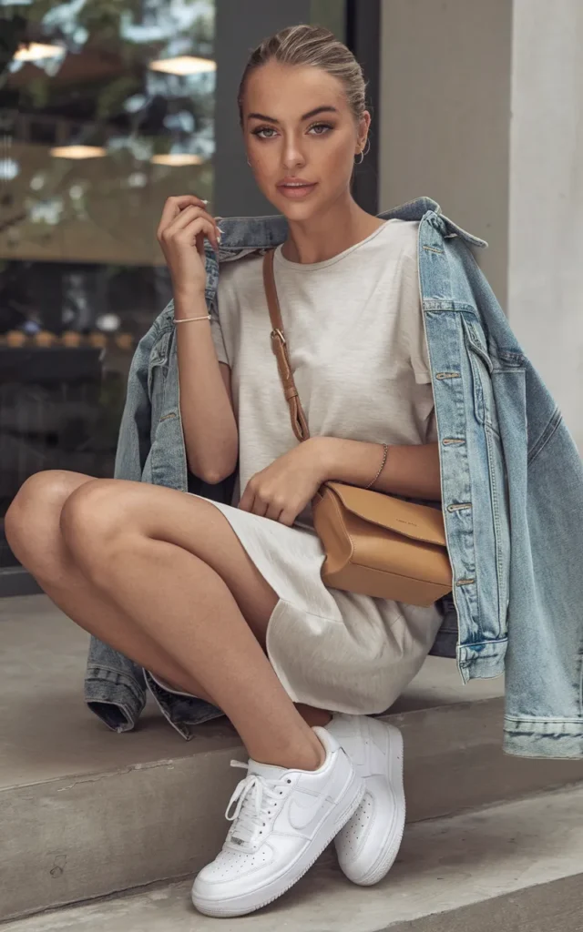 Style a simple tee dress with white sneakers