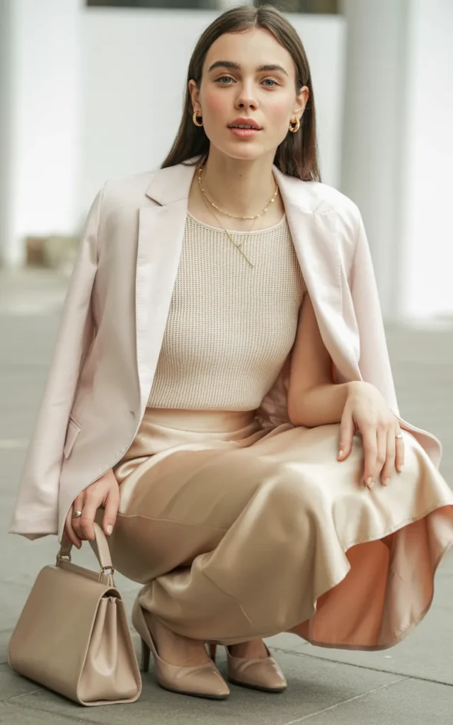 Style a soft blazer with a midi slip skirt