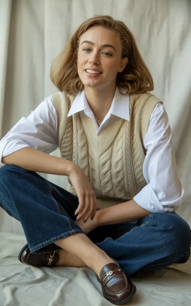 Style a sweater vest over a button-down shirt