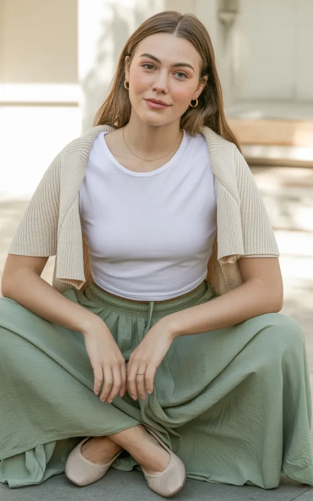 Style a t-shirt with a maxi skirt and a cropped cardigan