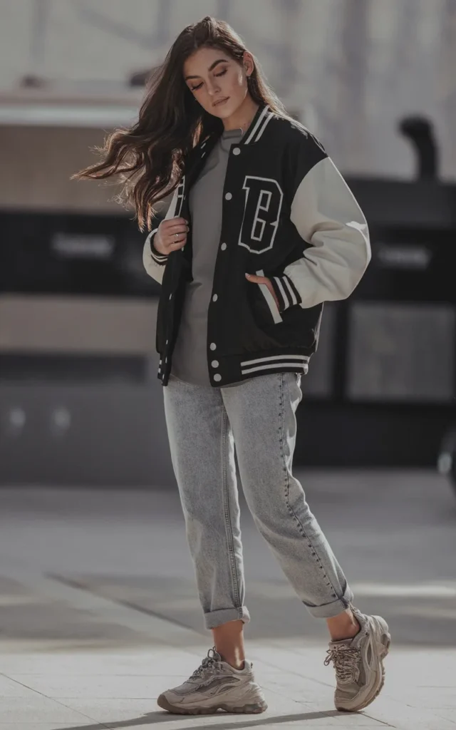 Style a varsity jacket with jeans and a basic tee