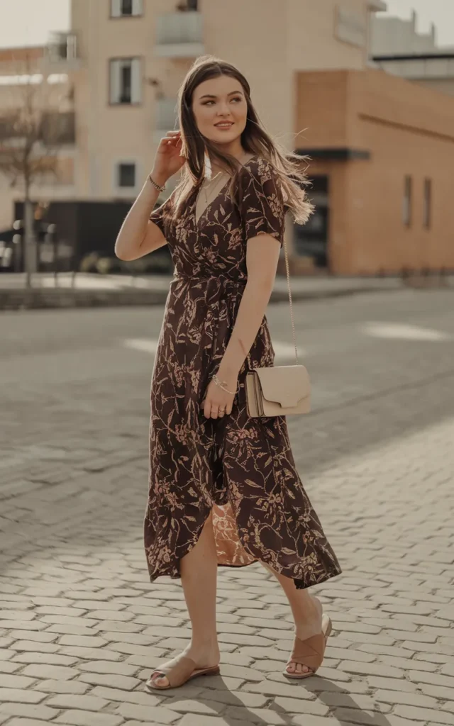 Style a wrap dress with flat sandals