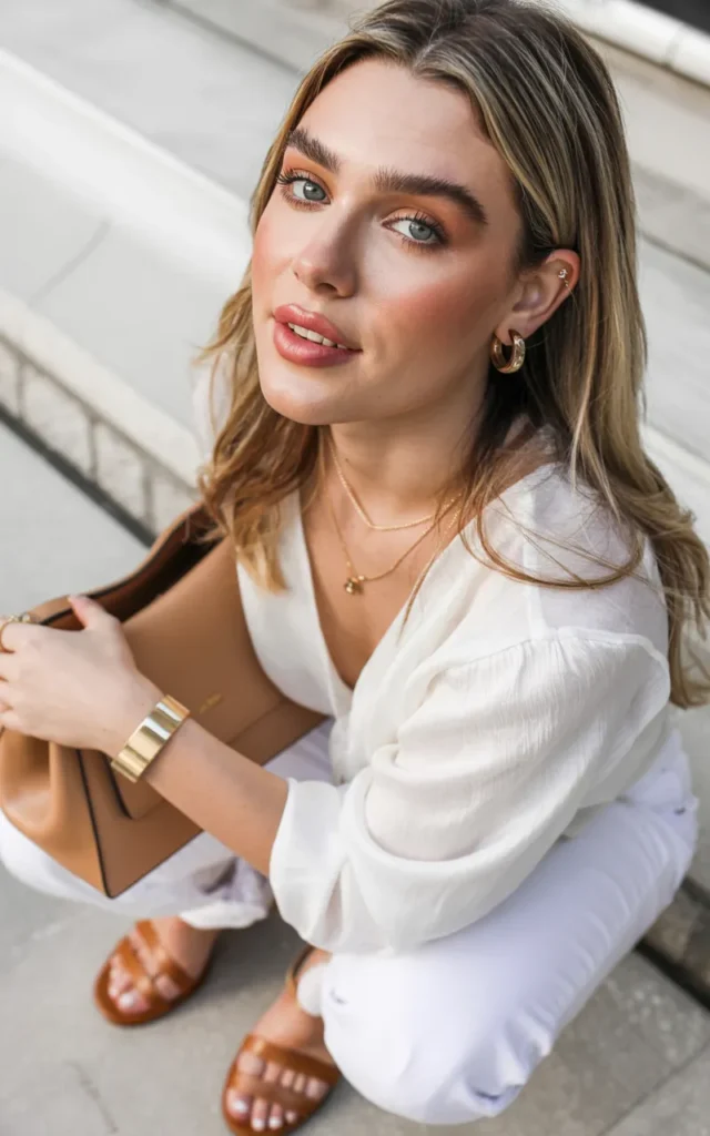 Style an all-white outfit with tan accessories