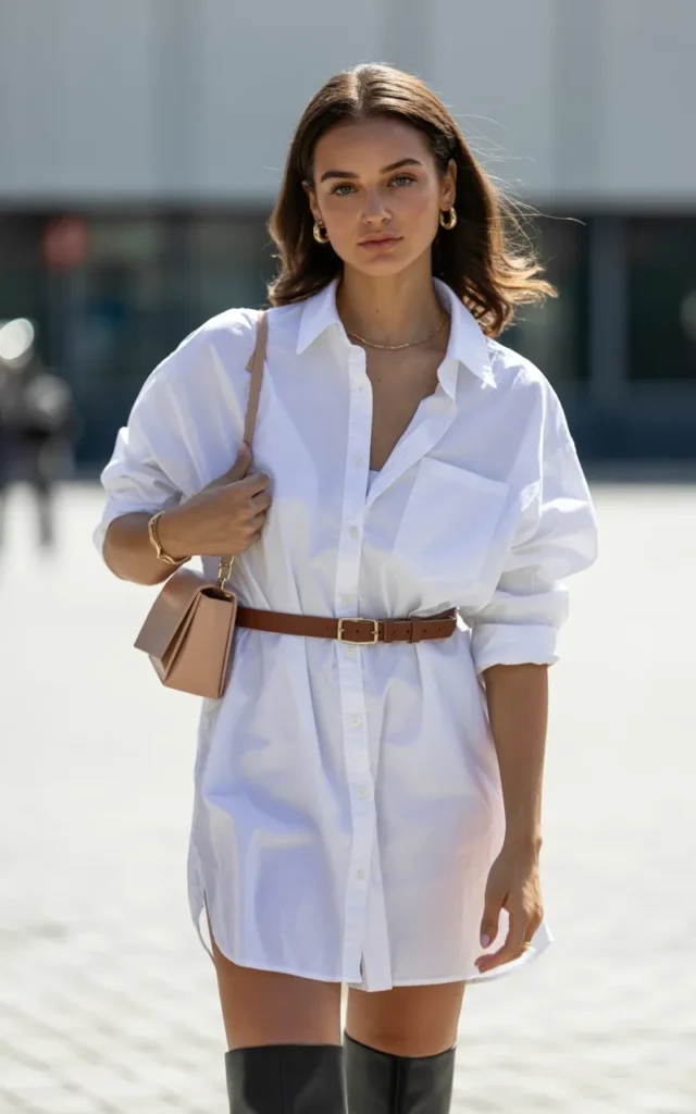 Style an oversized shirt as a dress with knee-high boots