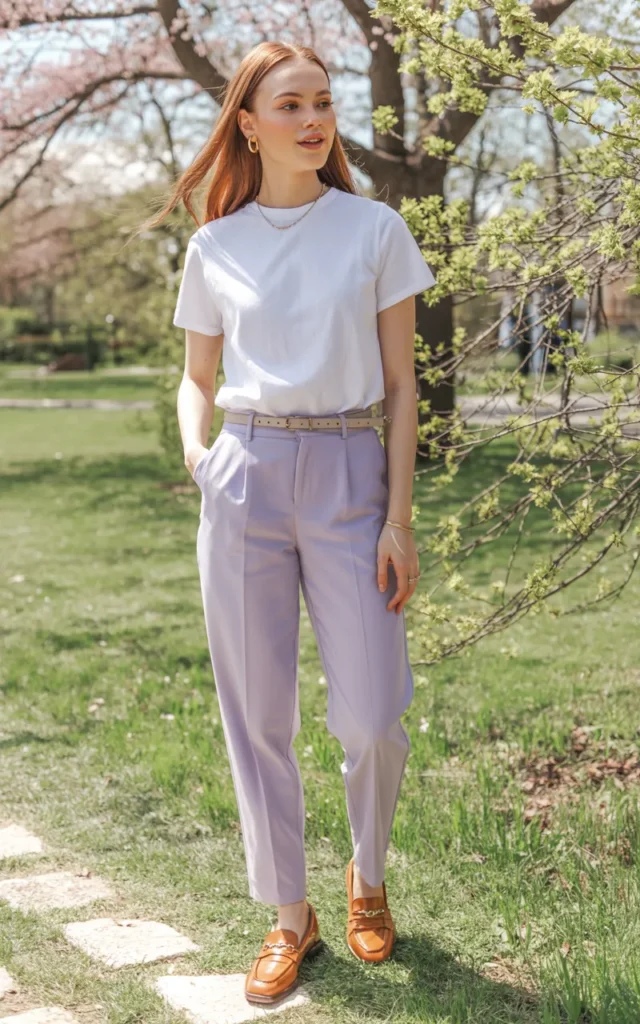 Style pastel trousers with a tucked-in tee