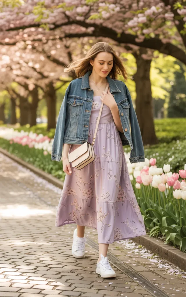Throw a denim jacket over a floral midi dress