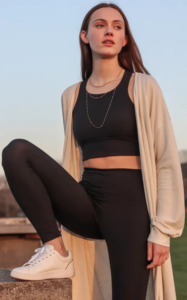Throw a longline cardigan over leggings and crop top ☁️