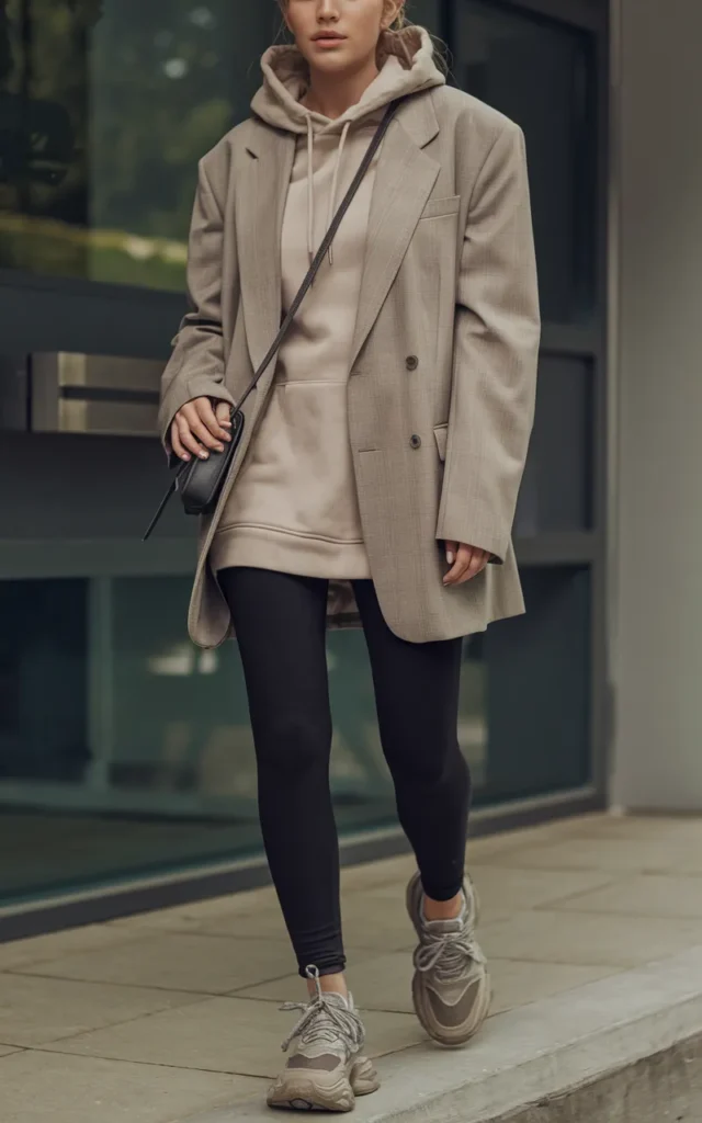 Throw on a blazer with a hoodie and leggings