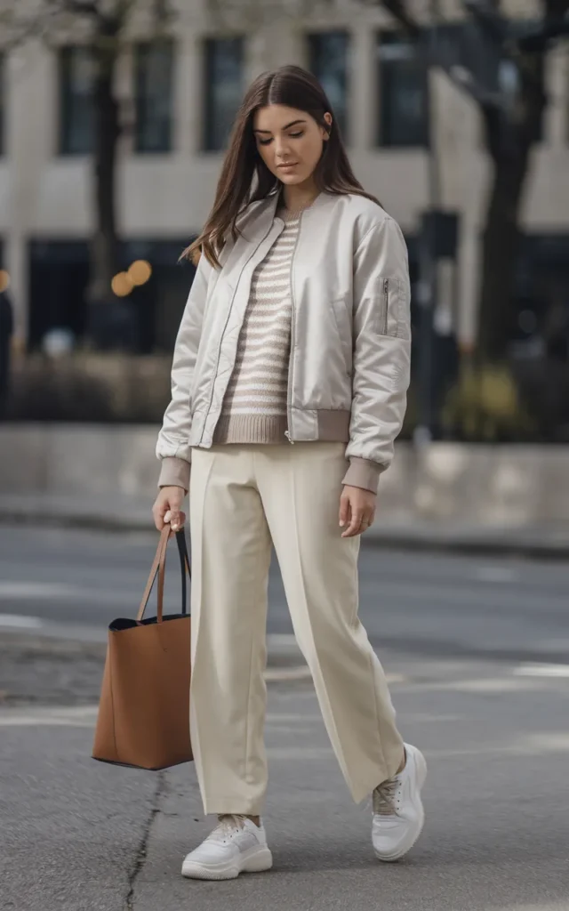 Throw on a bomber jacket with straight-leg trousers