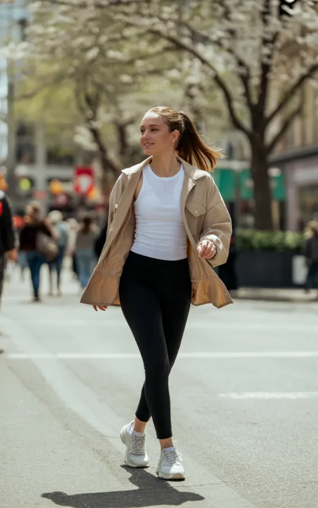Throw on a shacket with leggings and sneakers