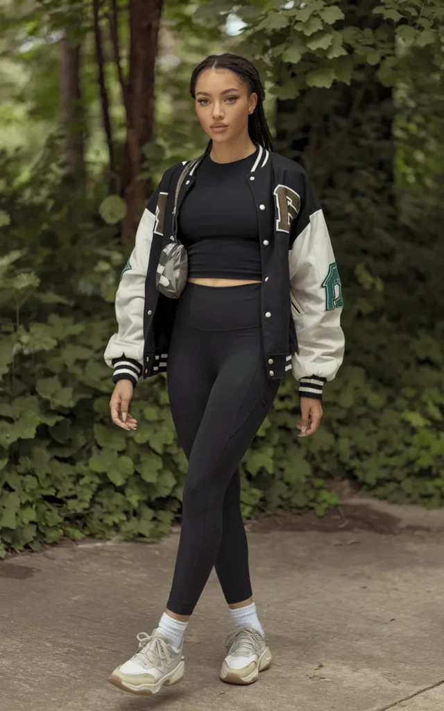 Throw on a varsity jacket with leggings and trainers 🖤