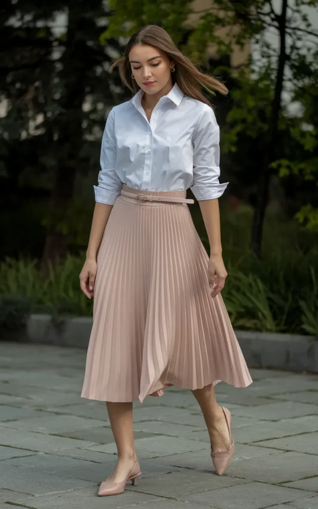 Tuck a crisp shirt into a midi skirt