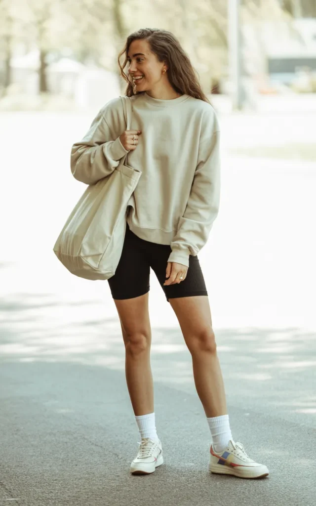 Tuck a relaxed sweatshirt into biker shorts ☀️