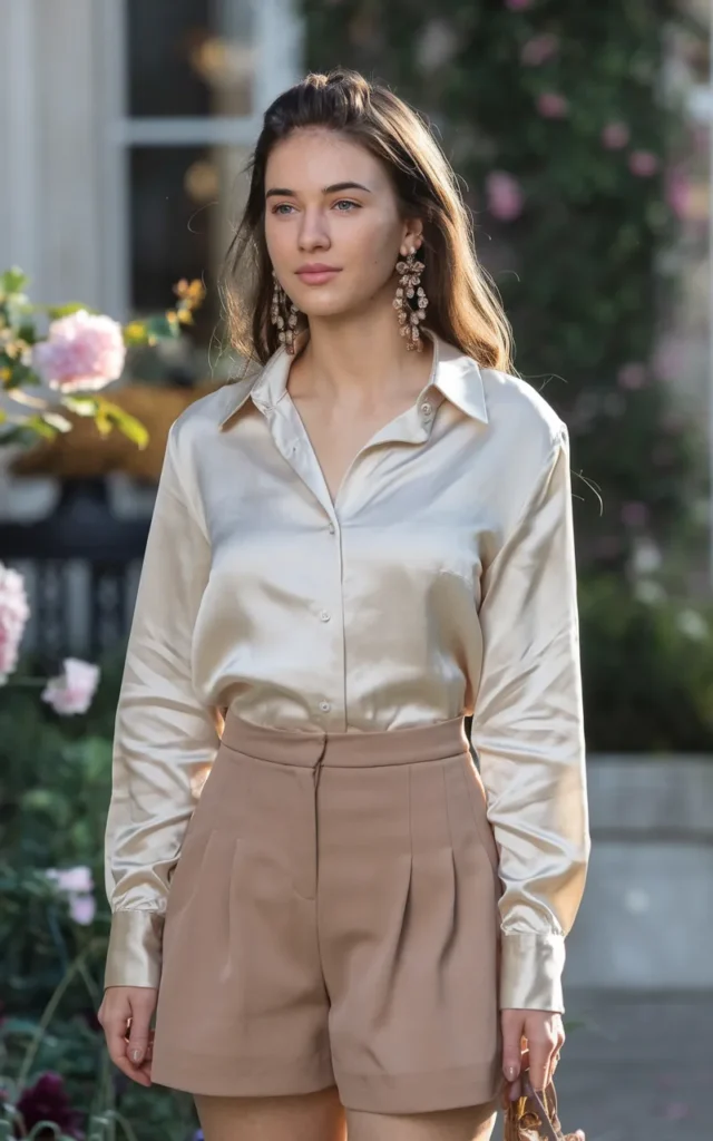 Tuck a silk blouse into tailored shorts