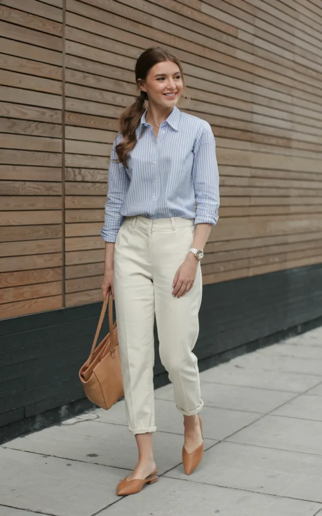 Tuck a striped button-down into ankle trousers ☀️