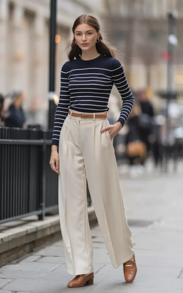 Tuck a striped knit into wide-leg trousers