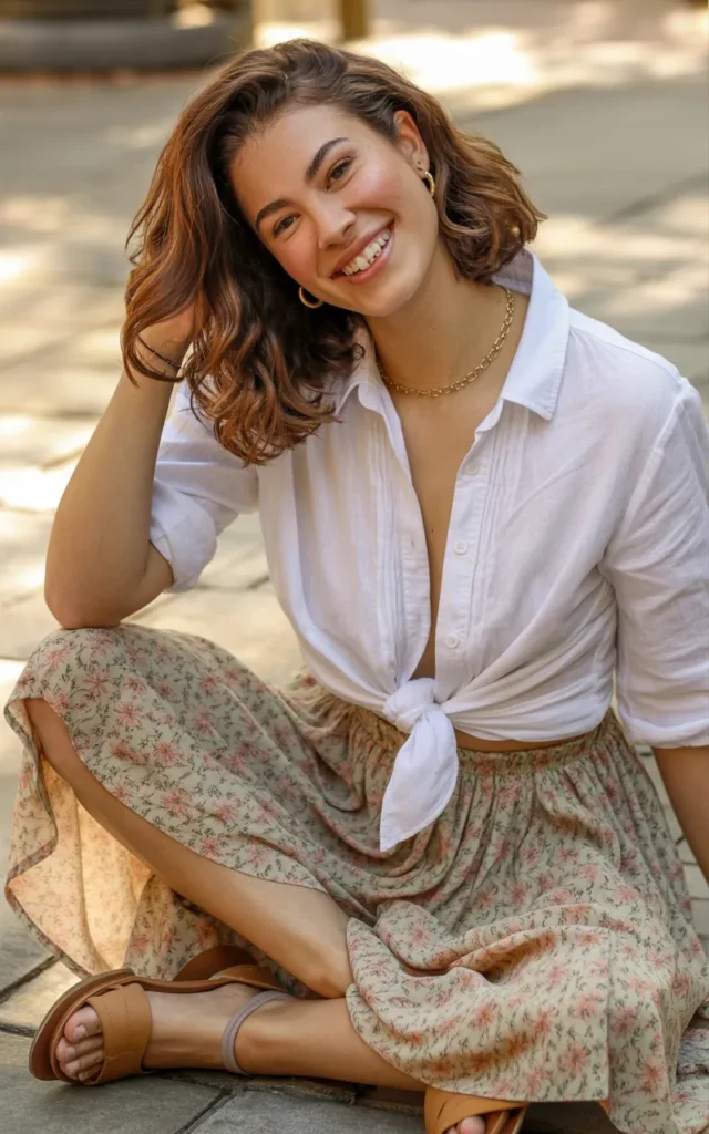 Wear a button-down shirt tied at the waist with a midi skirt
