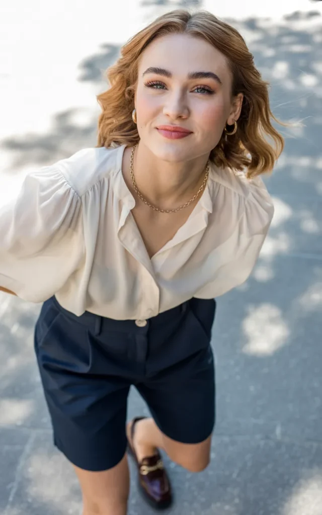 Wear a chiffon blouse with tailored shorts