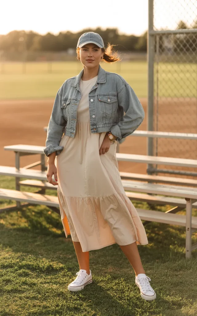 Wear a cropped denim jacket over a midi dress 🌿