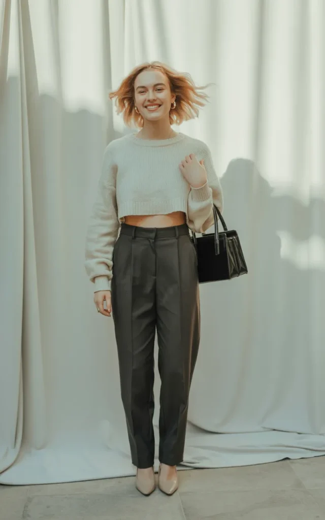 Wear a cropped sweater with high-waisted trousers