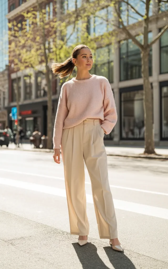 Wear a cropped sweater with high-waisted trousers