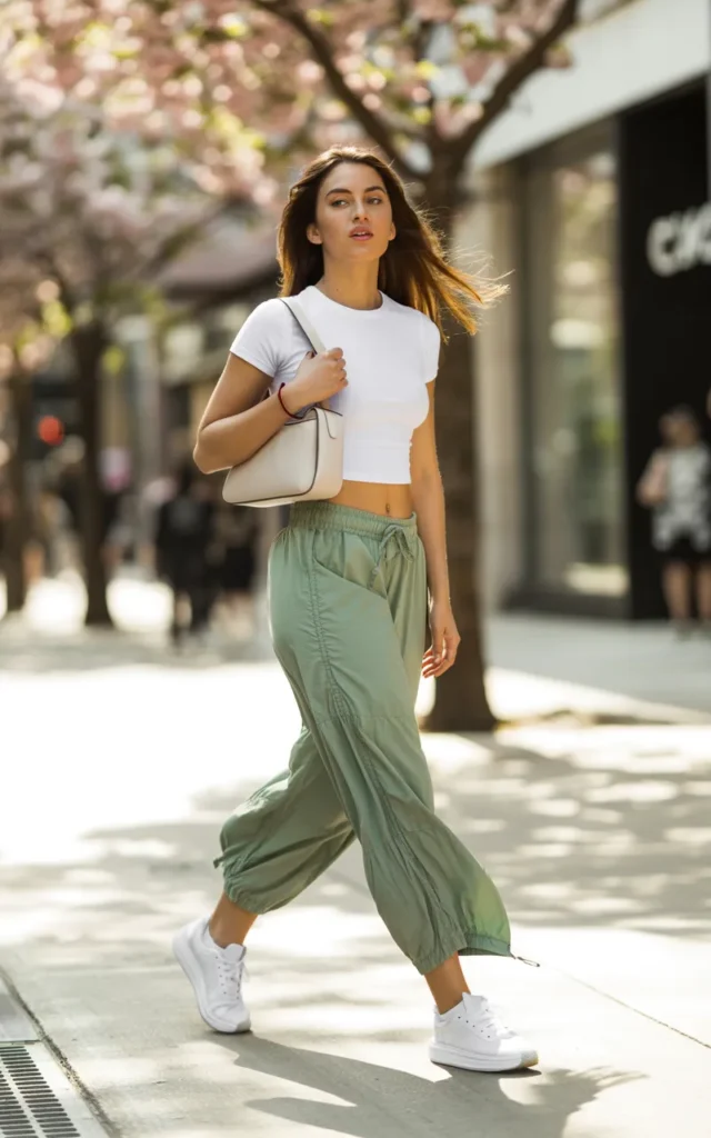 Wear a cropped tee with parachute pants and sneakers ✨