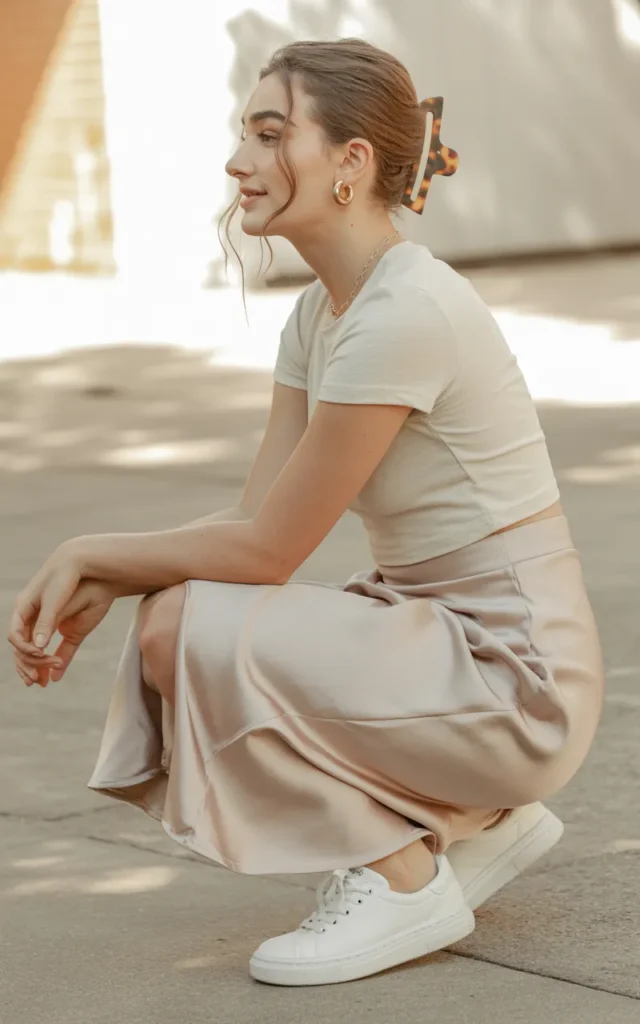 Wear a fitted tee with a slip skirt and sneakers