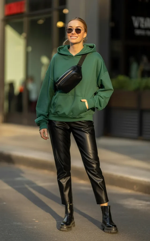 Wear a green hoodie with faux leather pants