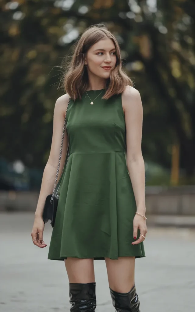 Wear a green mini dress with knee-high boots