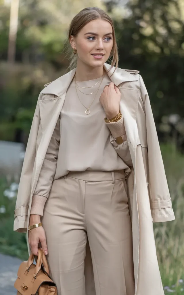 Wear a monochrome beige outfit with gold accents