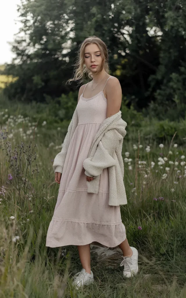 Wear a simple sundress with a lightweight cardigan