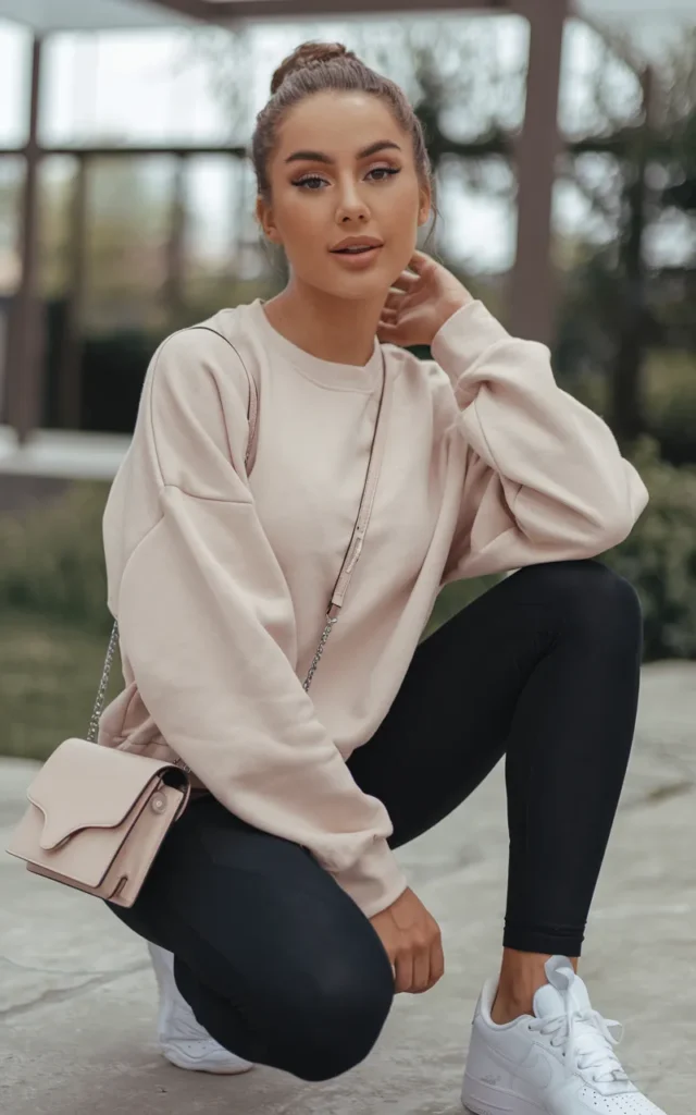 Wear a soft pastel sweatshirt with leggings