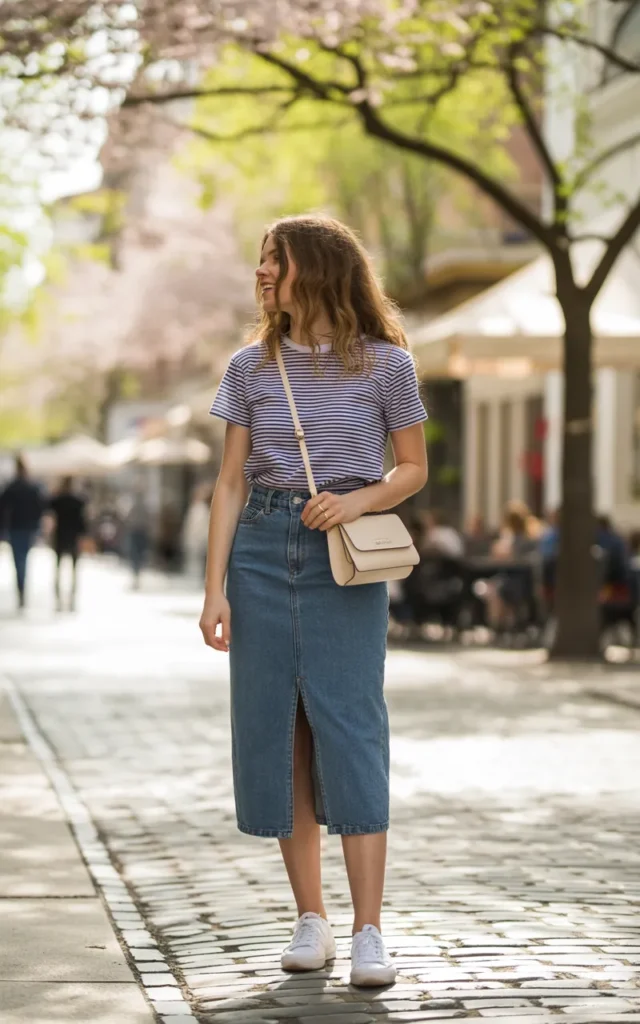 Wear a striped tee with a midi denim skirt
