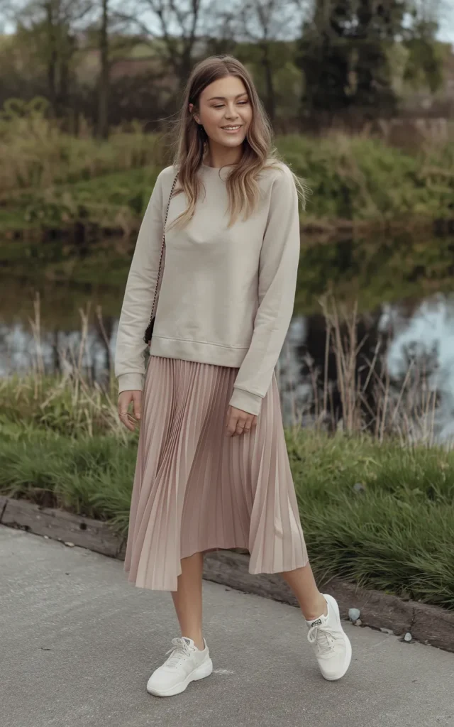 Wear a sweatshirt with a pleated midi skirt