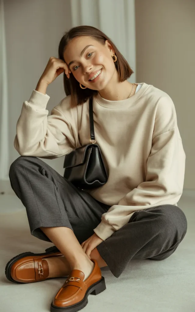 Wear a sweatshirt with tailored trousers and loafers