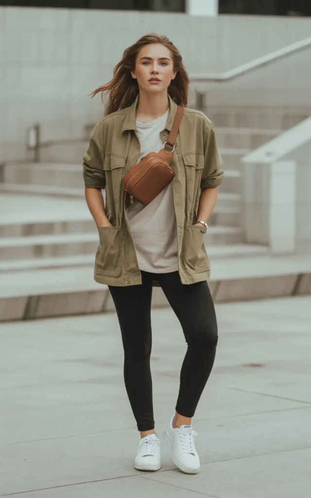 Wear a utility jacket with leggings
