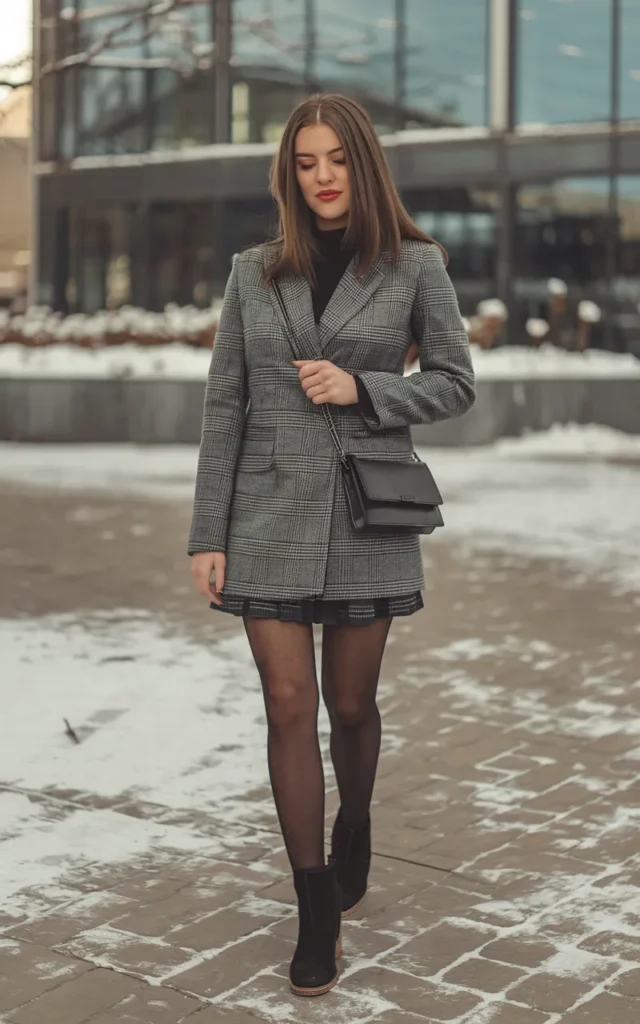 Combine a blazer with a mini skirt and tights
