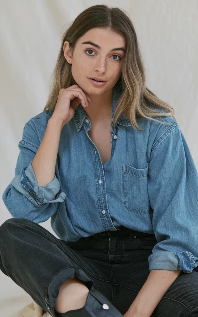 Combine a denim shirt with black jeans