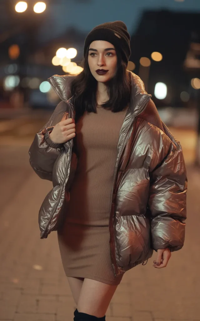 Combine a puffer jacket with a fitted dress