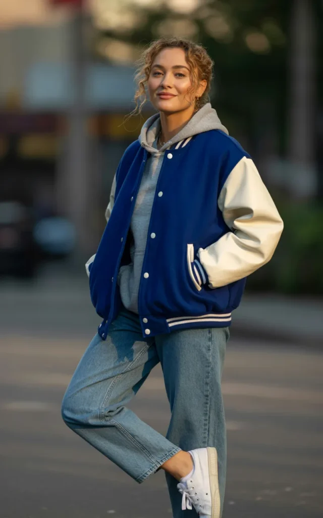 Combine a varsity jacket with straight jeans and a hoodie