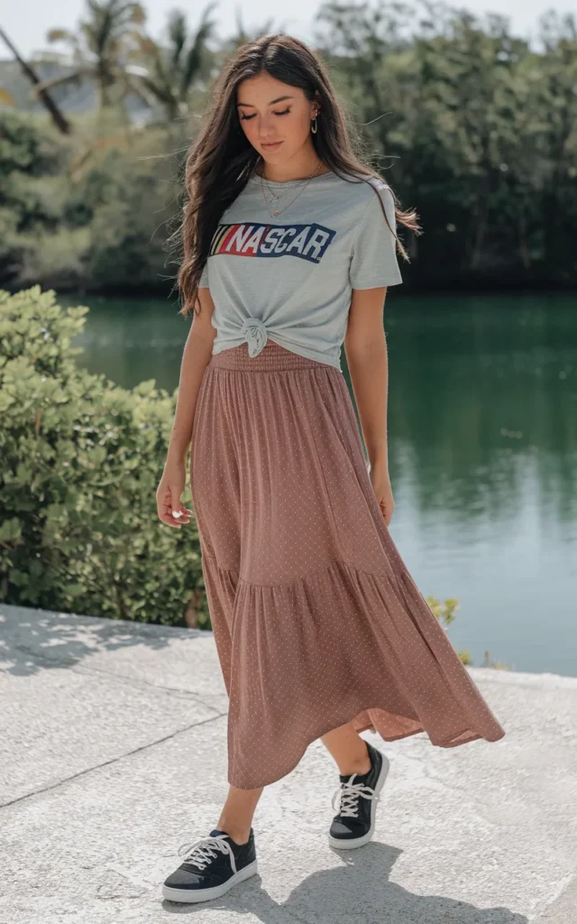 Knot a NASCAR tee with a maxi skirt