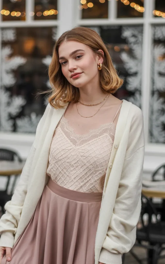 Layer a cardigan over a lace camisole
