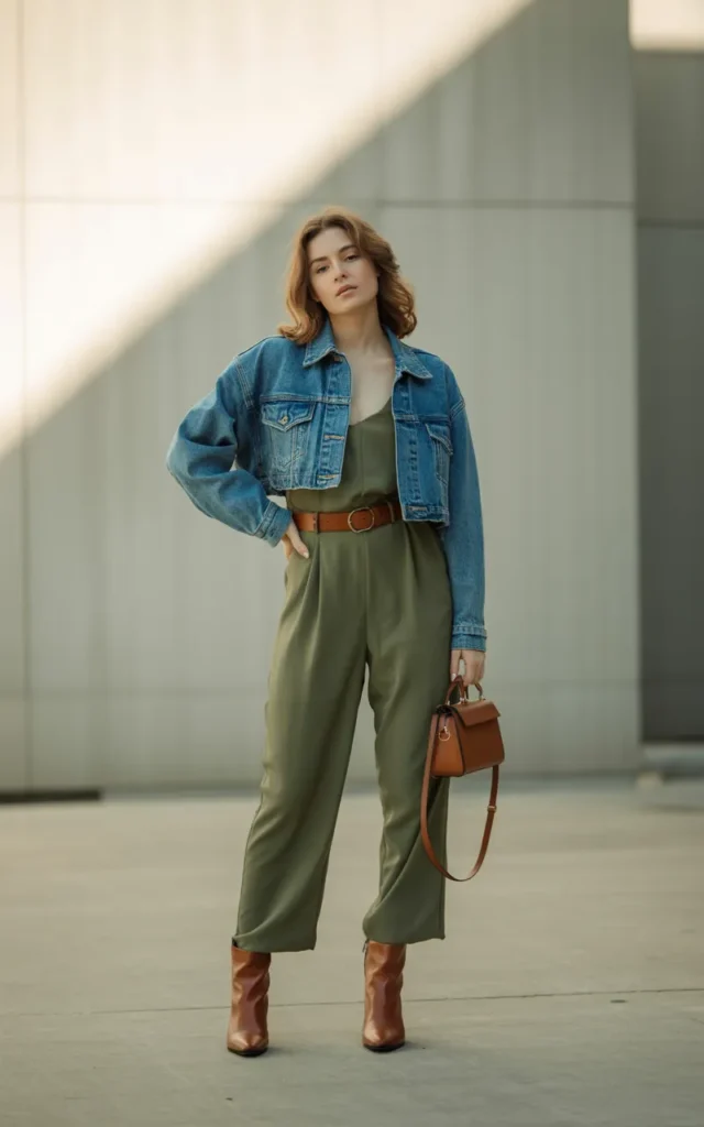 Layer a cropped jacket over a jumpsuit