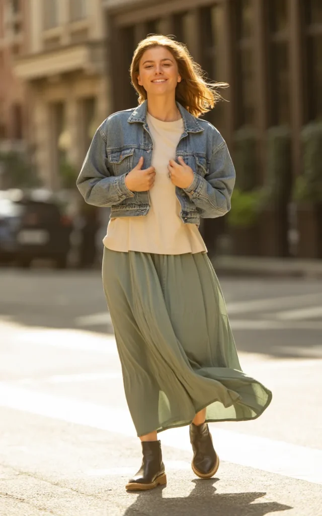 Layer a cropped jacket over a maxi skirt and tee