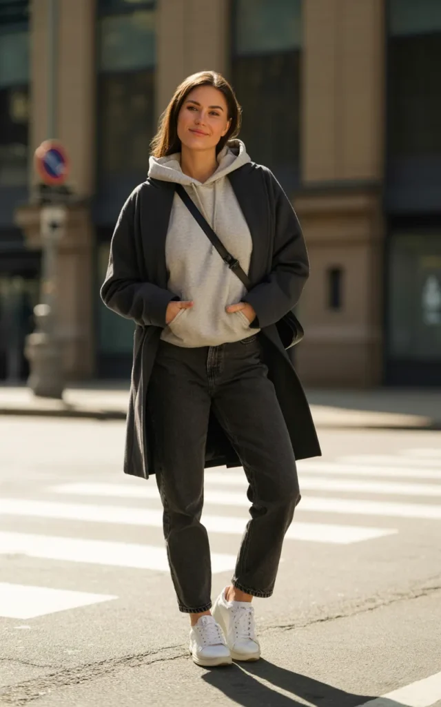 Layer a hoodie under a tailored coat