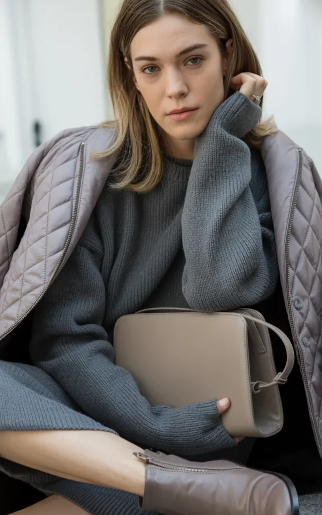 Layer a quilted jacket over a monochrome knit set