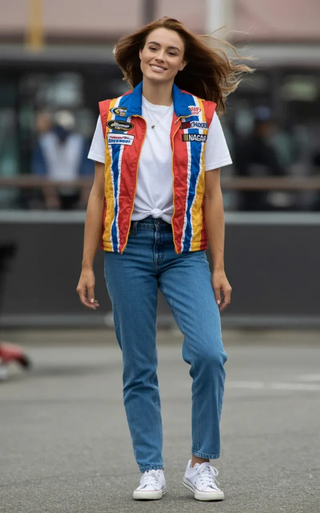 Layer a racing vest over a basic outfit